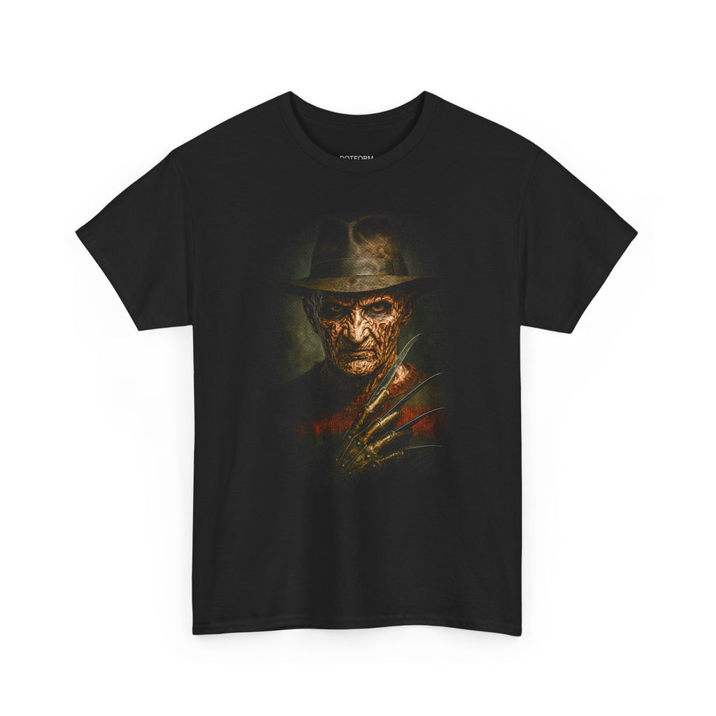 Black t-shirt with a graphic of a character wearing a hat and holding a glove on a white background