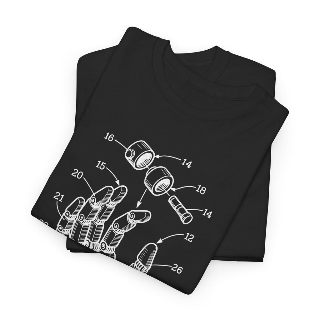 Black t-shirt with a white mechanical hand design on a white background