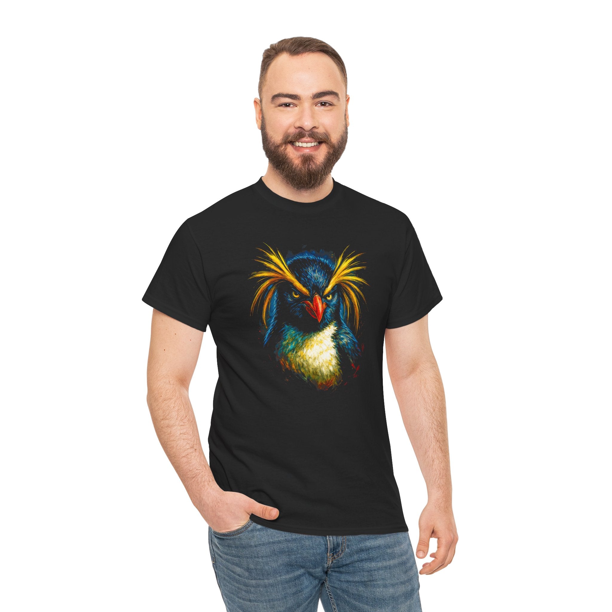 Man wearing a black t-shirt with a colorful owl design on a white background