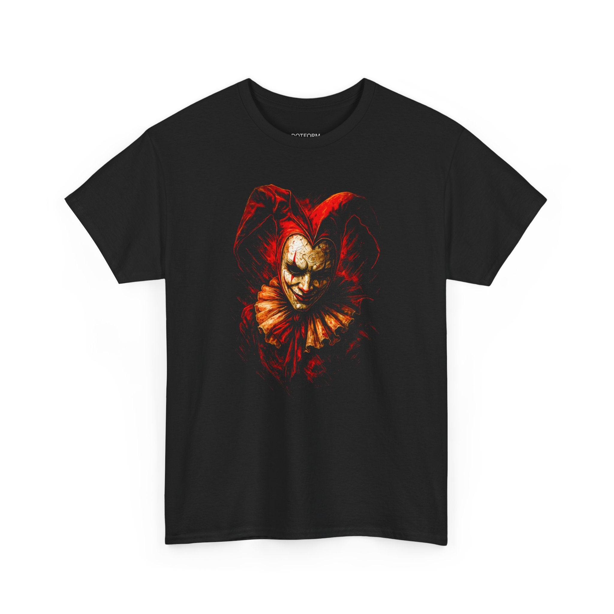 Black t-shirt with a graphic design of a clown's face on a white background