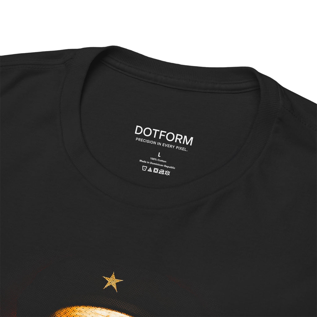 Black t-shirt with gold star design and 'DOTFORM' branding on a white background