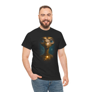 Man wearing a black t-shirt with an alien design on a white background