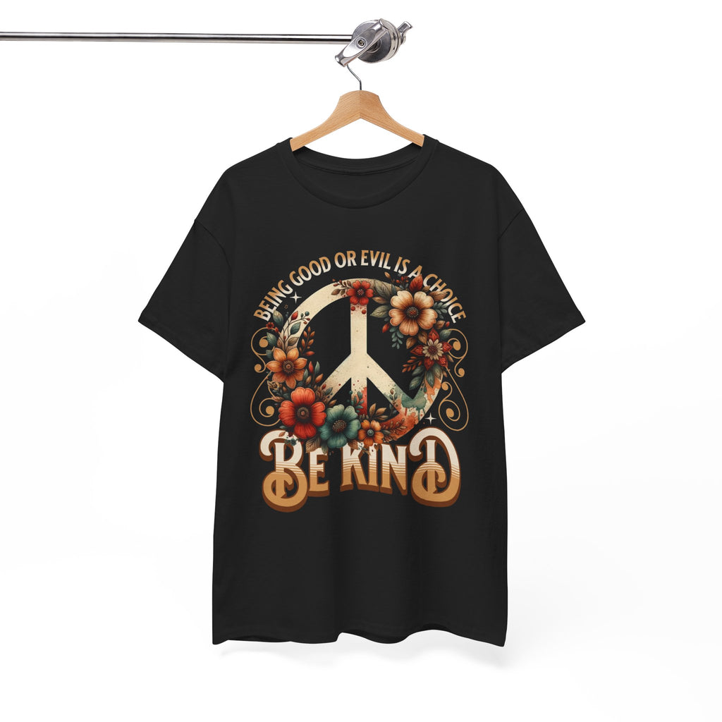 Black t-shirt with peace symbol and floral design on a hanger against a white background
