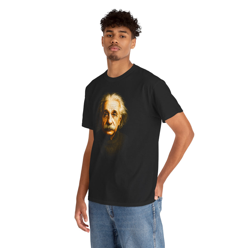 Person wearing a black t-shirt with a graphic of a famous scientist on a white background
