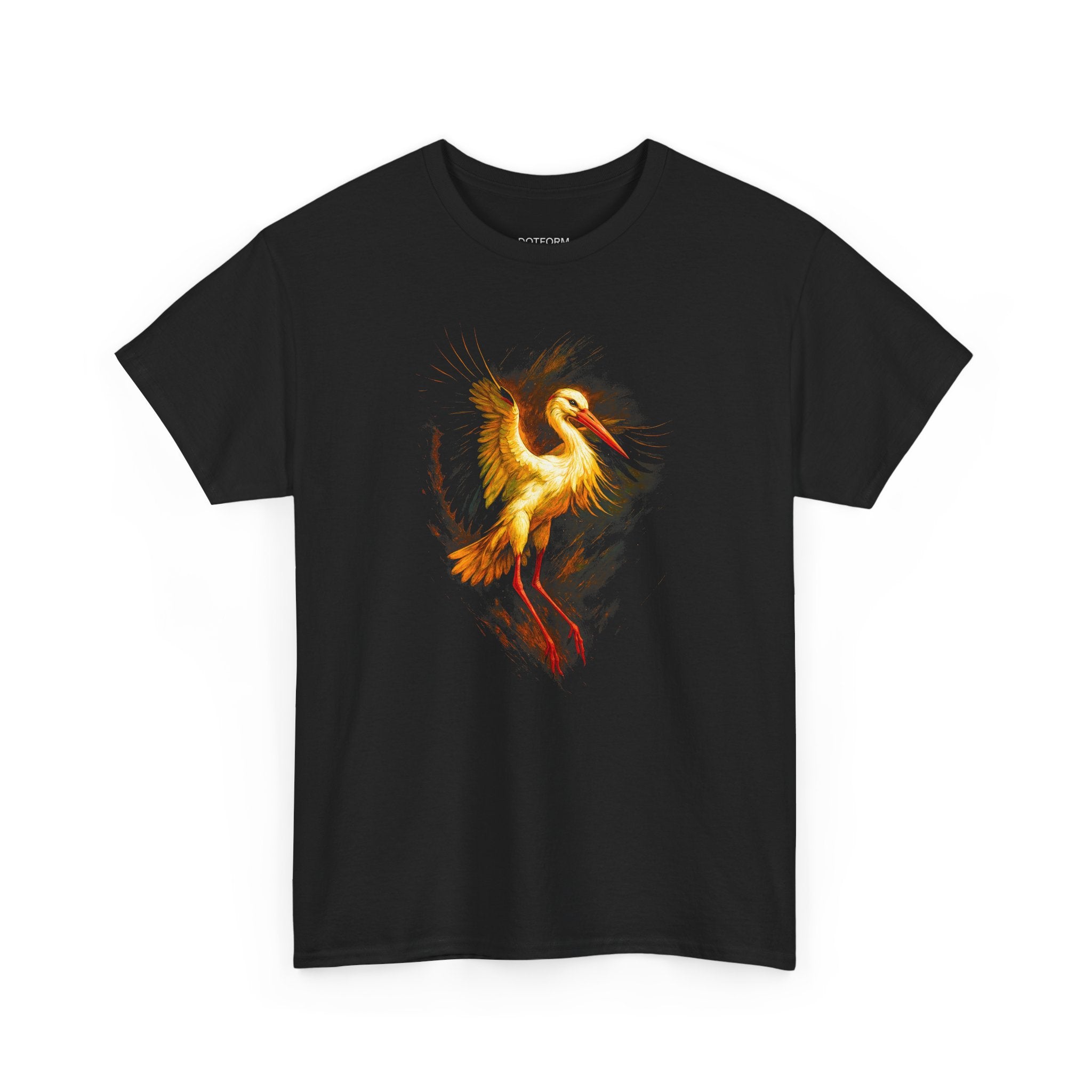 Black t-shirt with a colorful bird design on a white background