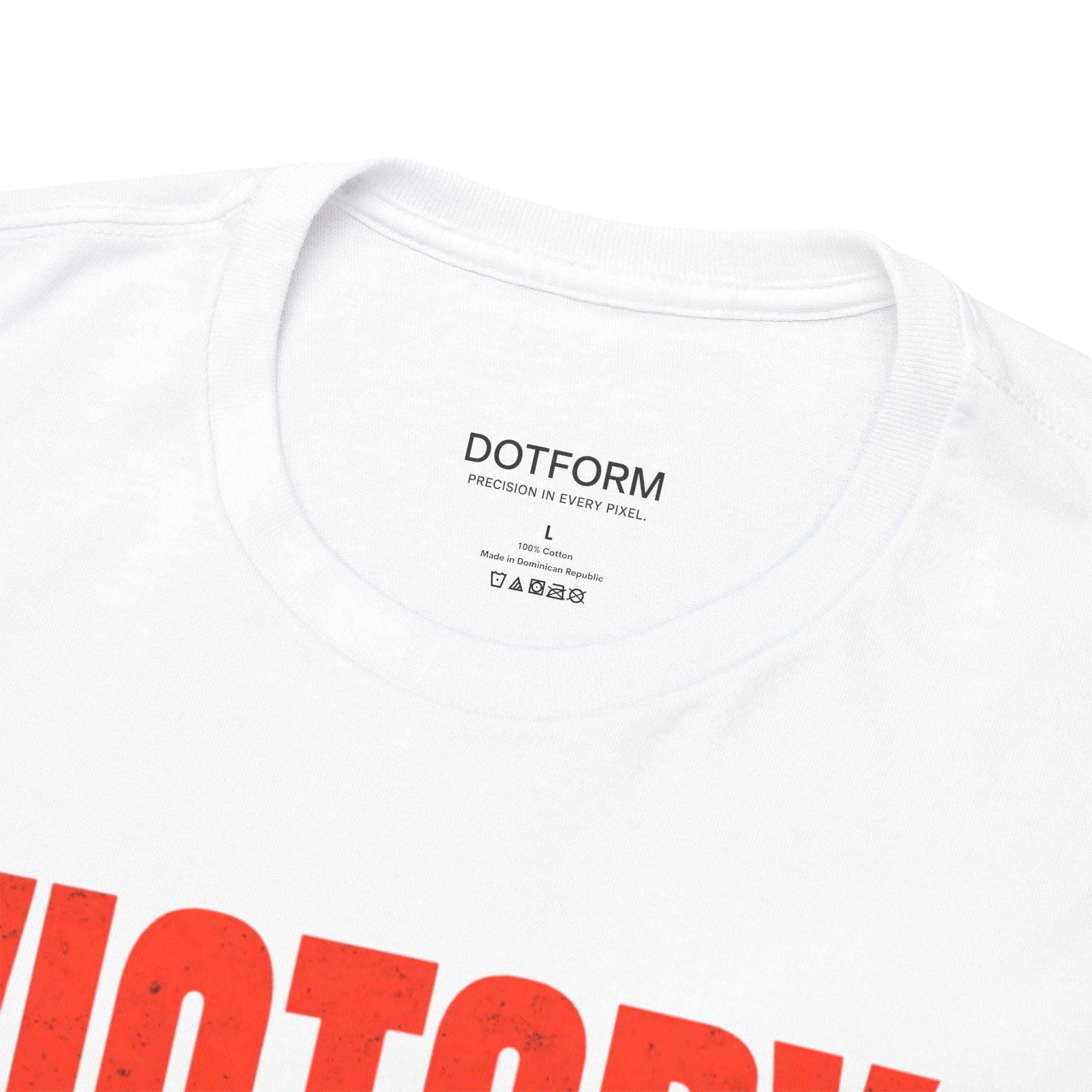 White t-shirt with red text and 'DOTFORM' branding on a white background