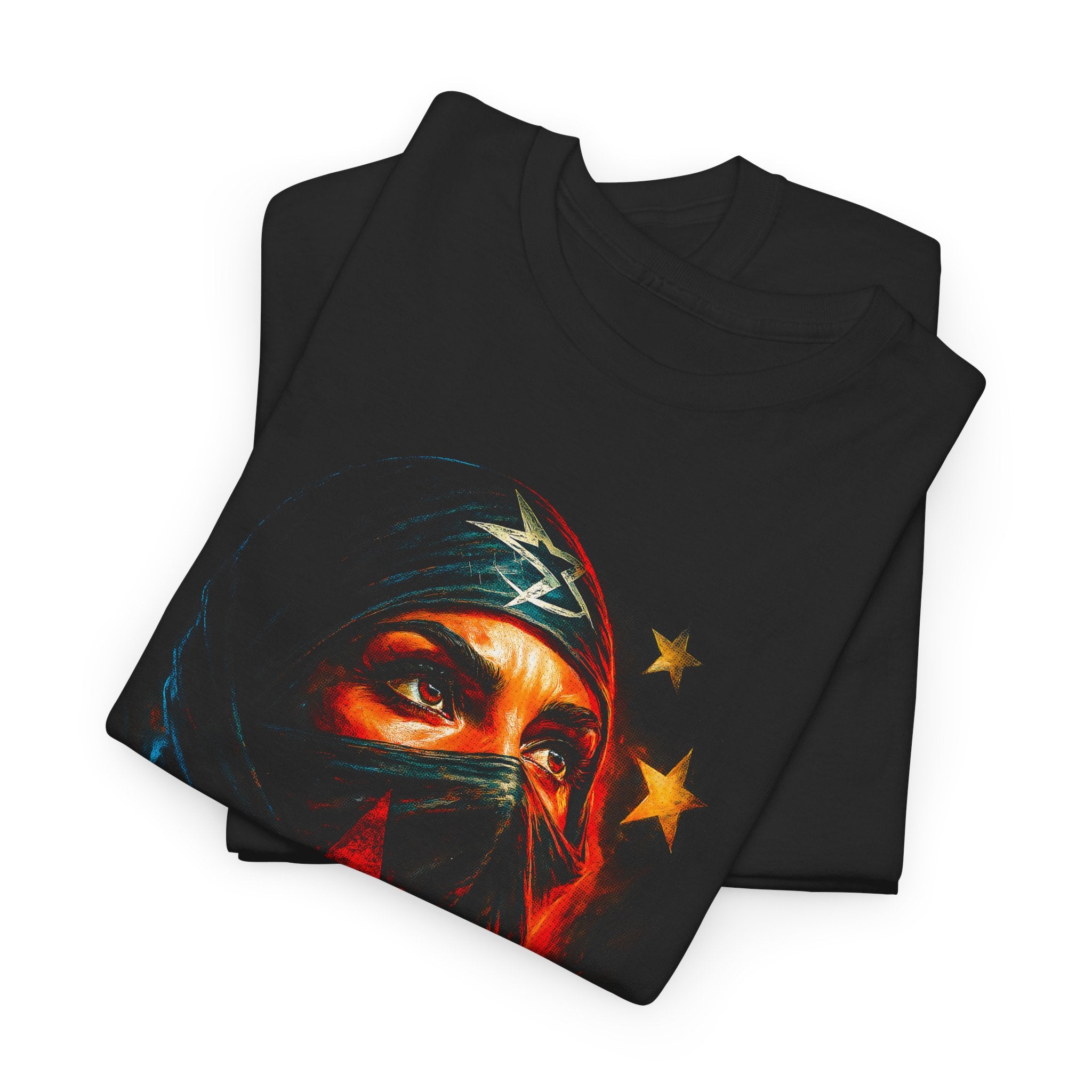 Black t-shirt with a graphic design of a face with a headscarf and stars on a white background