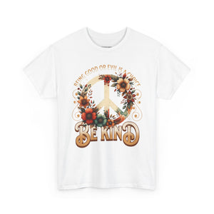 White t-shirt with a floral peace symbol and 'Be Kind' text on a white background