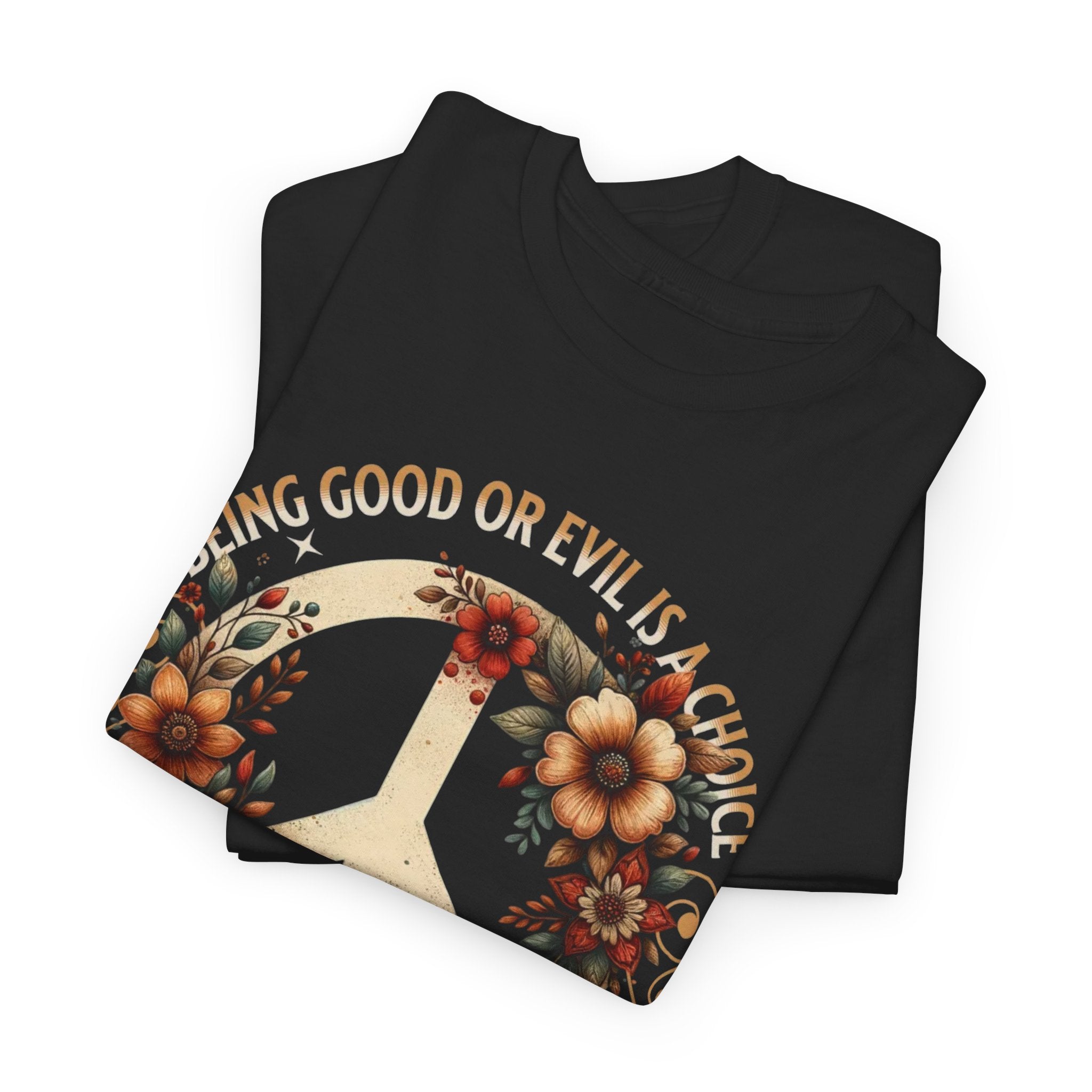 Folded black t-shirt with floral design and text on a white background