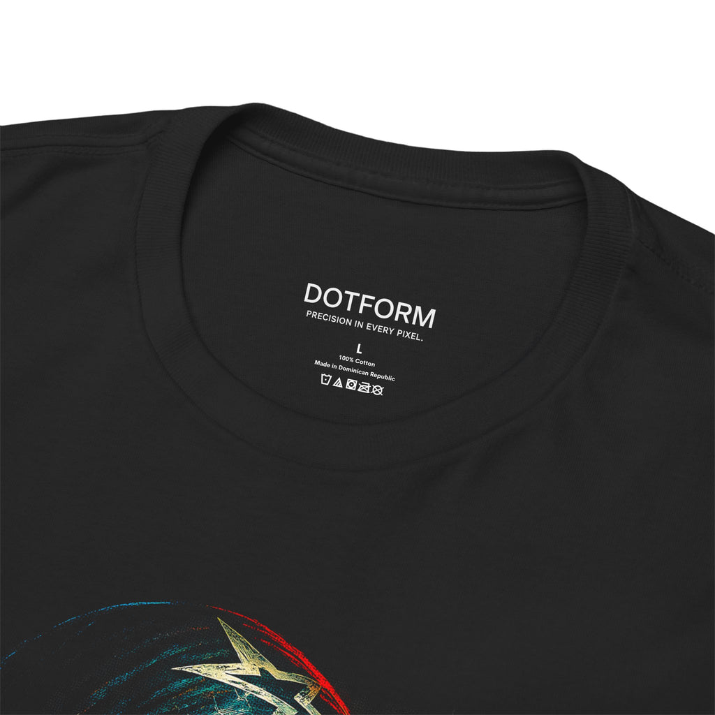 Black t-shirt with 'DOTFORM' branding on the collar and colorful design on the sleeve.