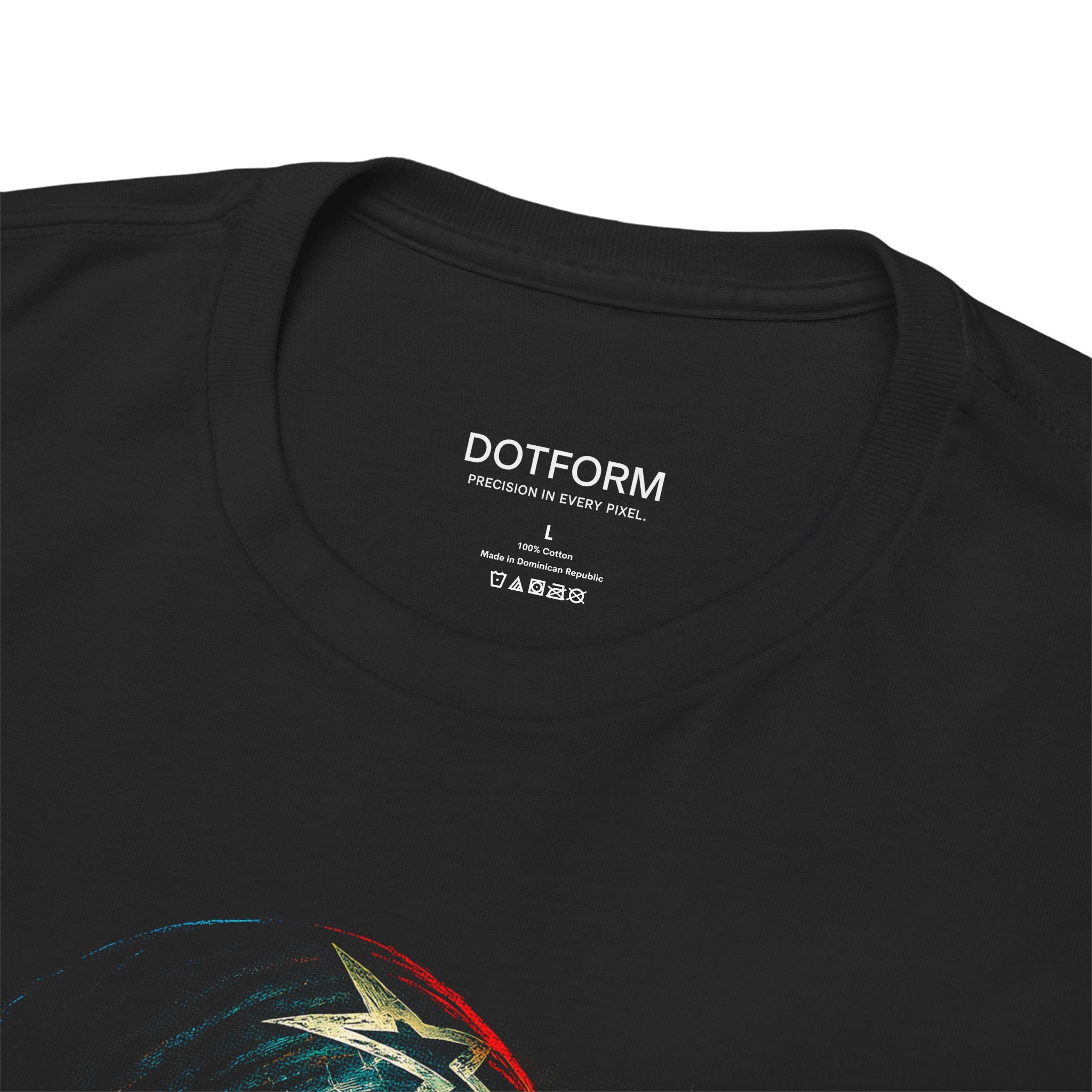 Black t-shirt with 'DOTFORM' branding on the collar and colorful design on the sleeve.