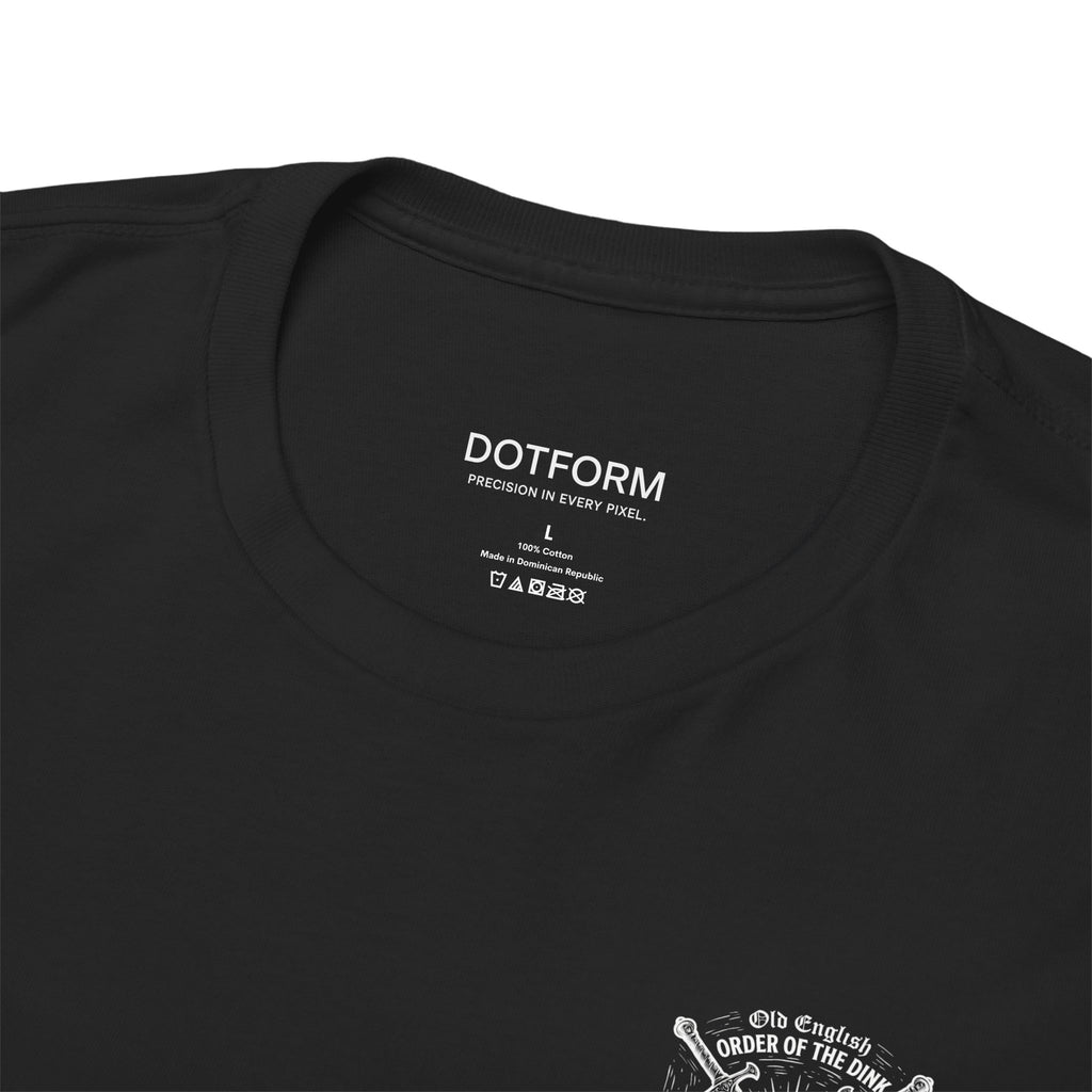 Black t-shirt with 'DOTFORM' branding on the collar and small graphic at the bottom right corner.