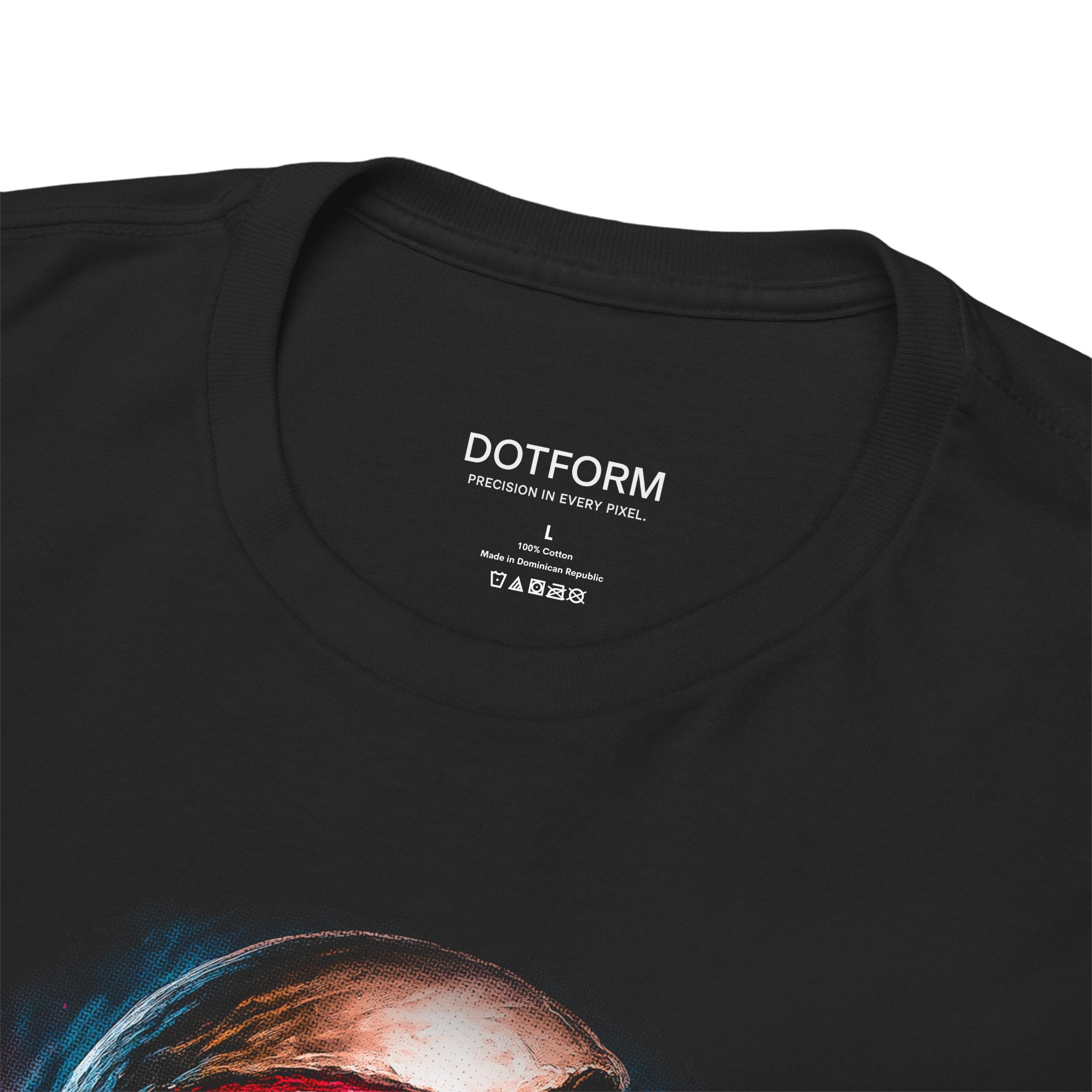Black t-shirt with 'DOTFORM' branding on the collar area