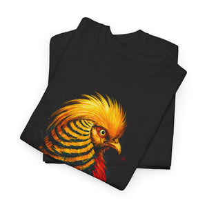 Black t-shirt with a colorful phoenix design on a white background