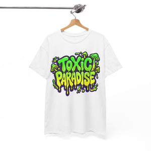 White t-shirt with 'Toxic Paradise' graphic on a hanger against a white background
