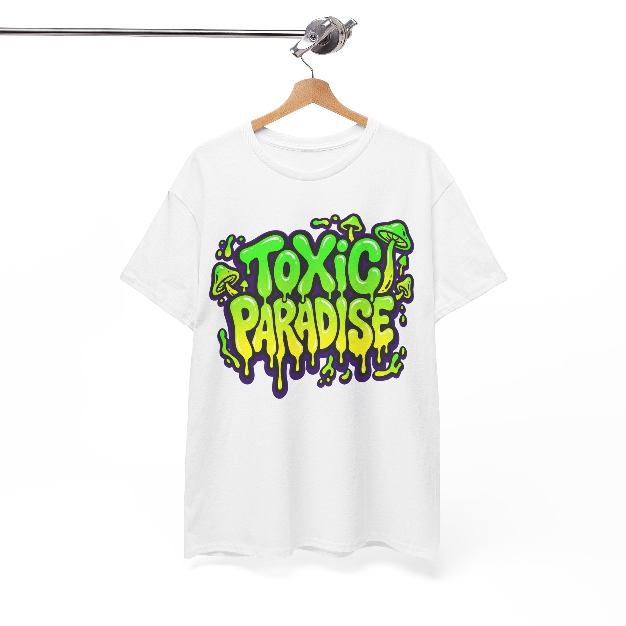 White t-shirt with 'Toxic Paradise' graphic on a hanger against a white background
