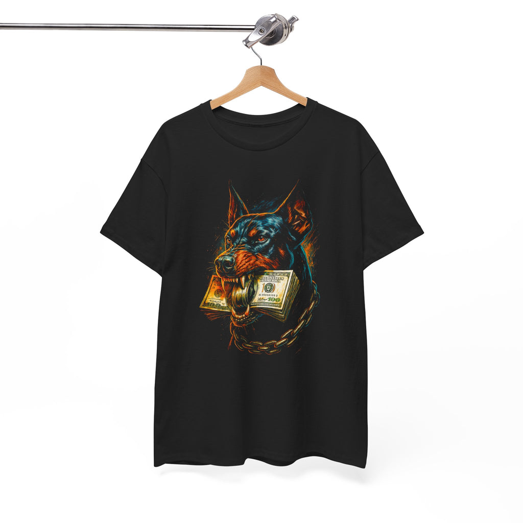 Black t-shirt with a graphic of a dog holding money on a hanger against a white background
