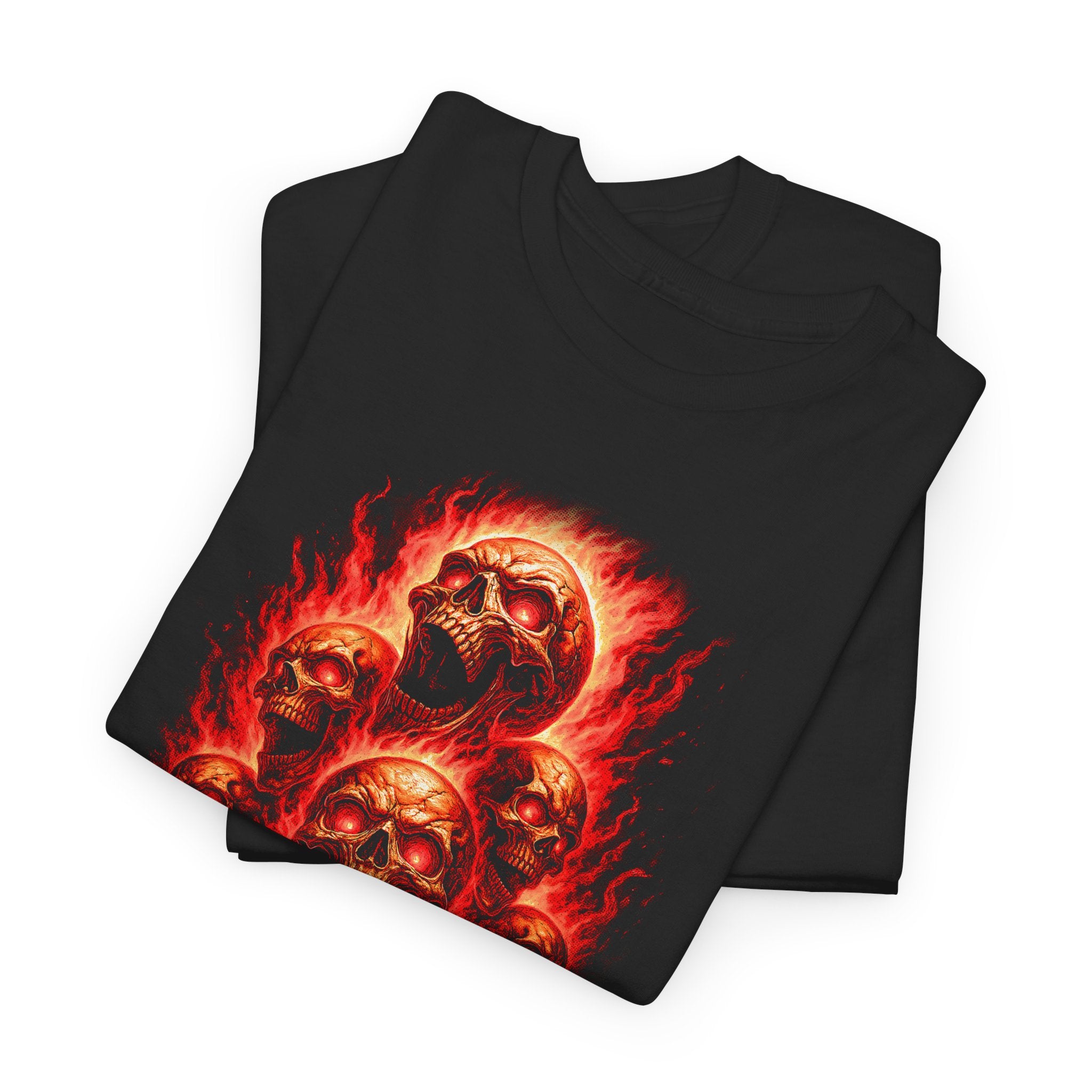 Black t-shirt with red and orange skull design on a white background