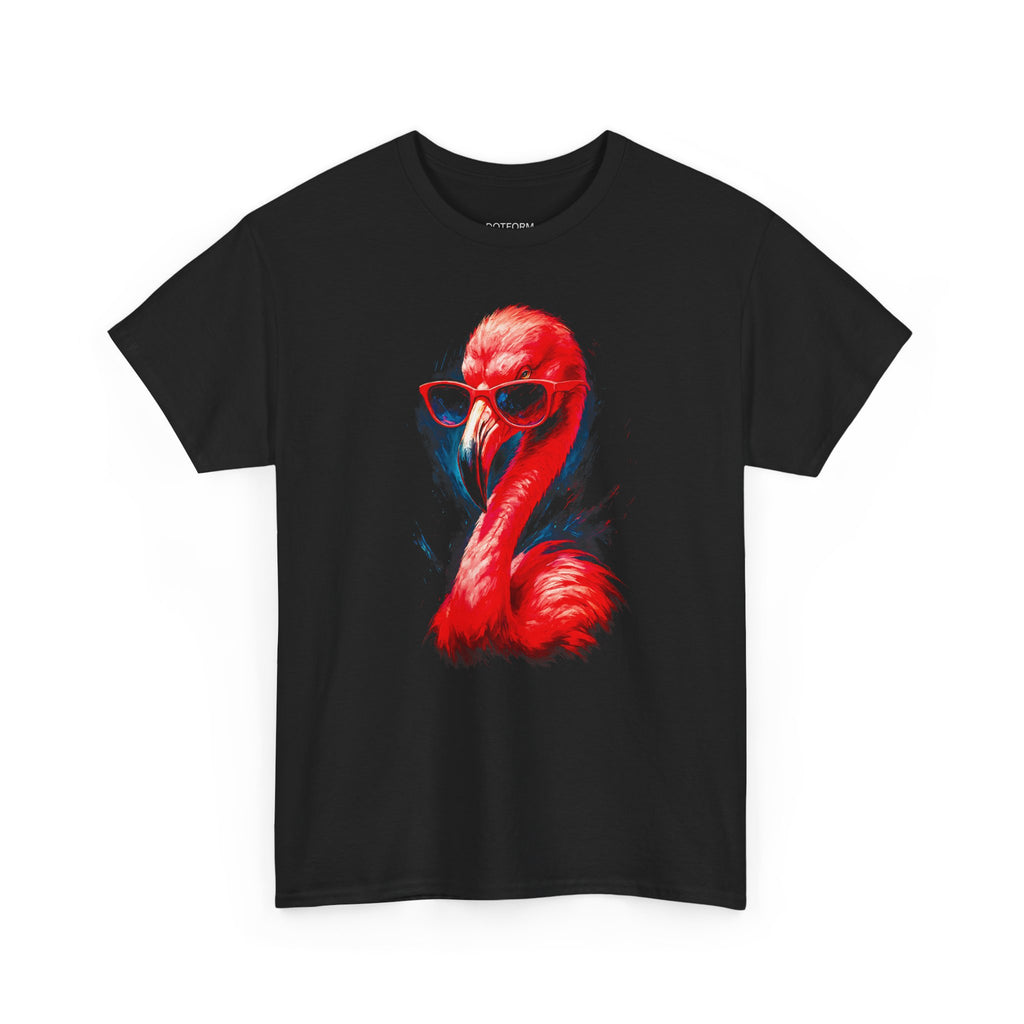 Black t-shirt with a red and blue flamingo graphic on a white background