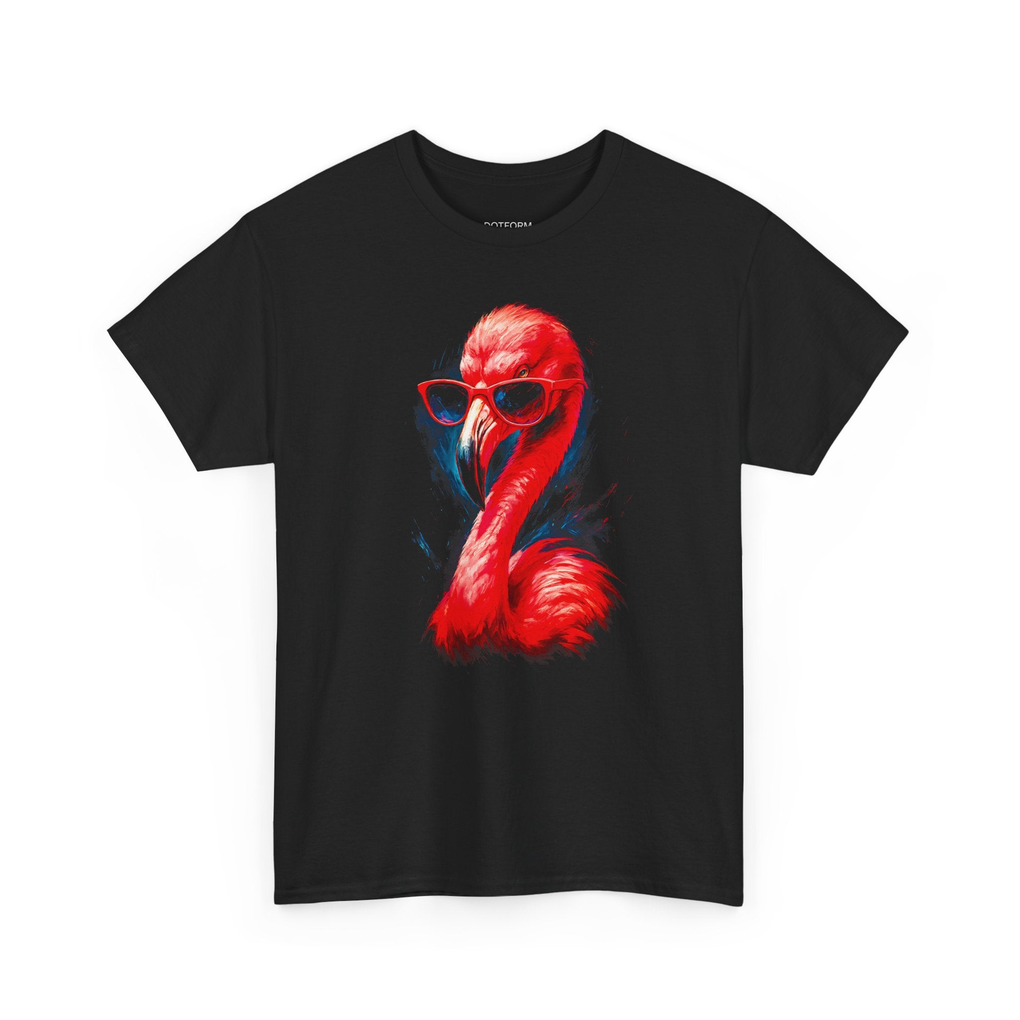 Black t-shirt with a red and blue flamingo graphic on a white background