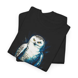 Black t-shirt with an owl design on a white background