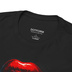 Black t-shirt with red graphic design on a white background