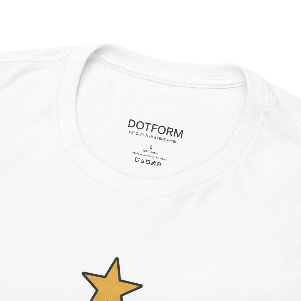 White t-shirt with 'DOTFORM' branding and a yellow star design on a white background