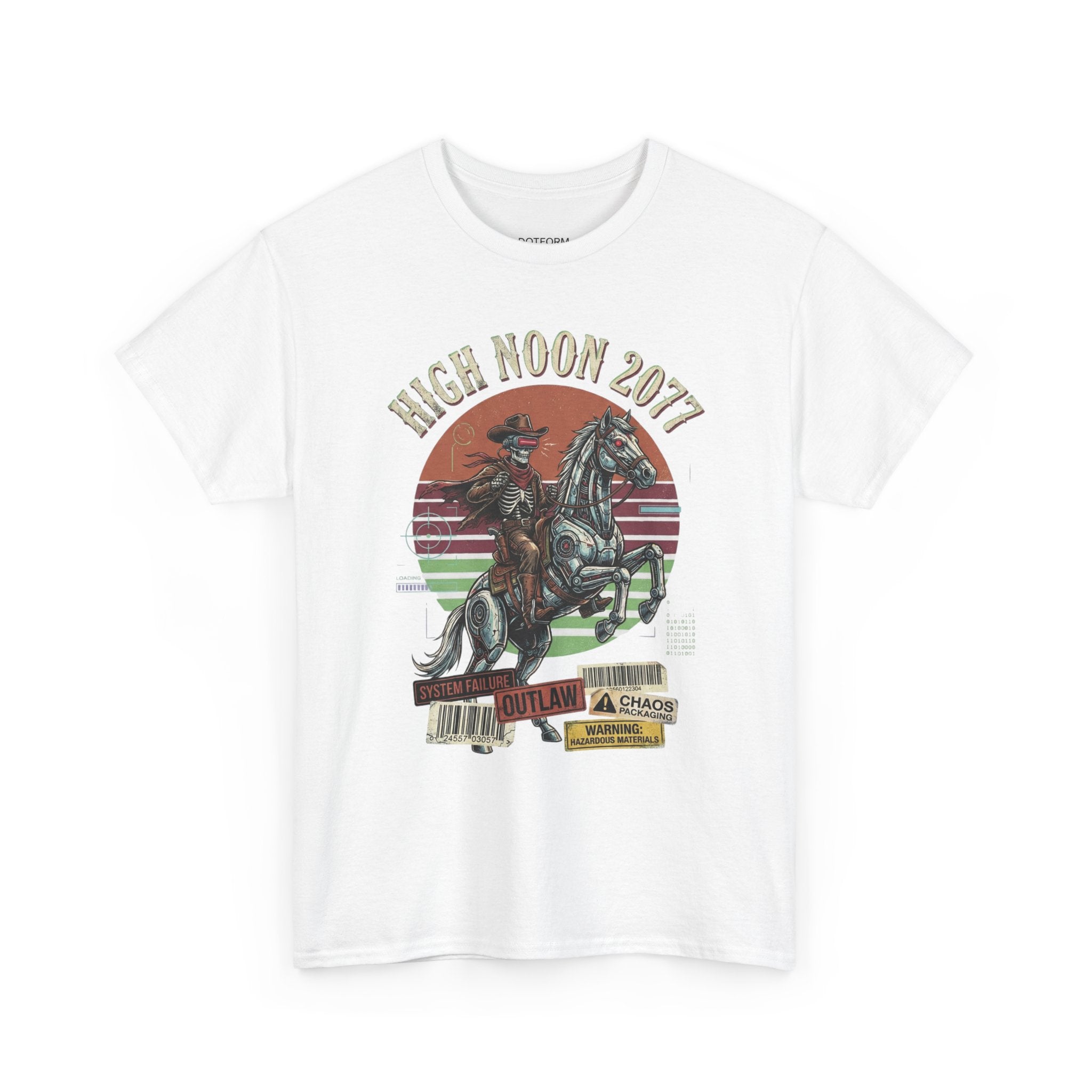 White t-shirt with a graphic of a cowboy on a horse and 'High Noon 2017' text.