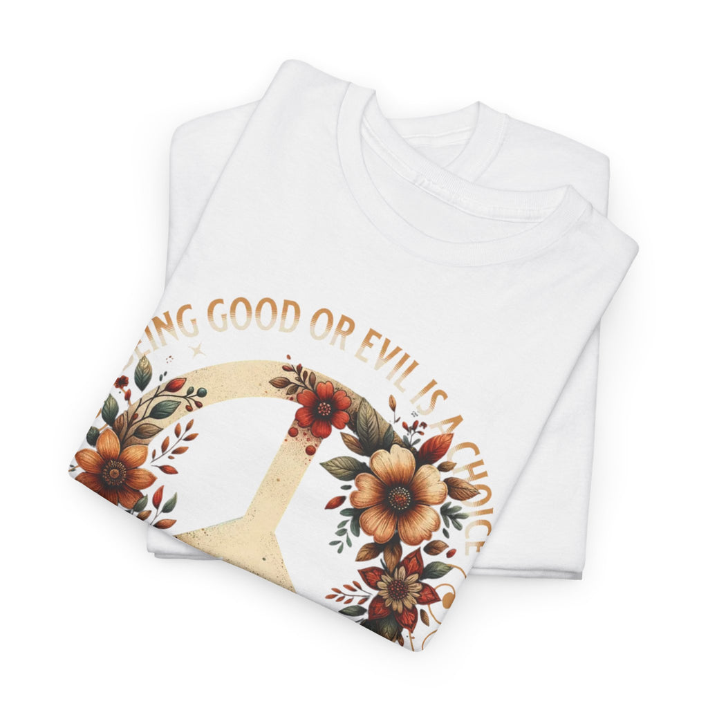 Folded white shirt with floral design and text on a white background