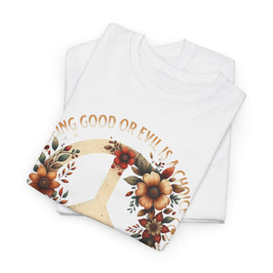 Folded white shirt with floral design and text on a white background