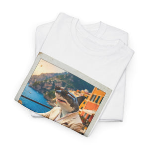 White t-shirt with a graphic of a dog on a mountain landscape