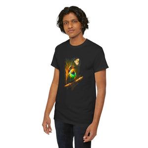 Person wearing a black t-shirt with a colorful parrot design on a white background