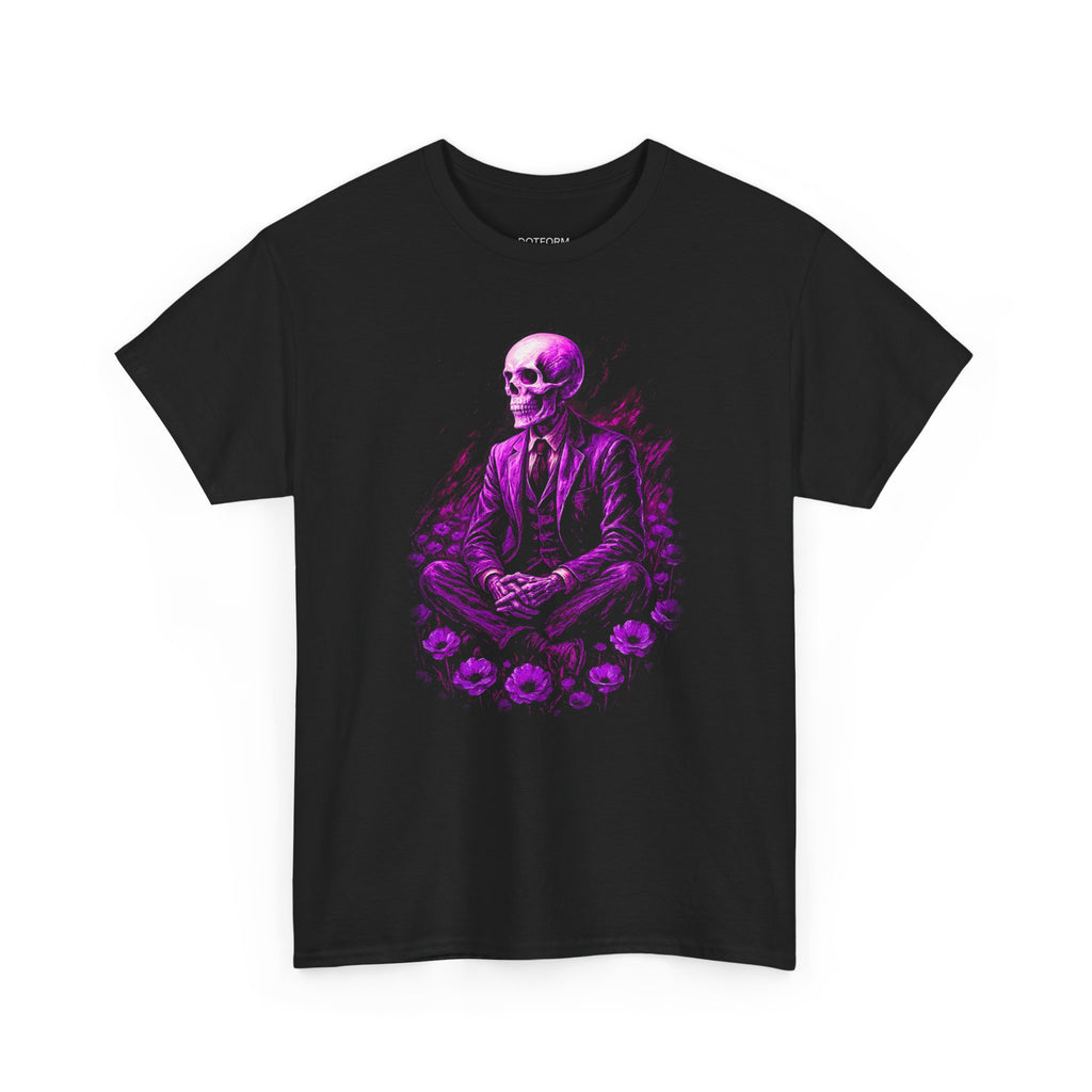 Black t-shirt with a purple skeleton design on a white background