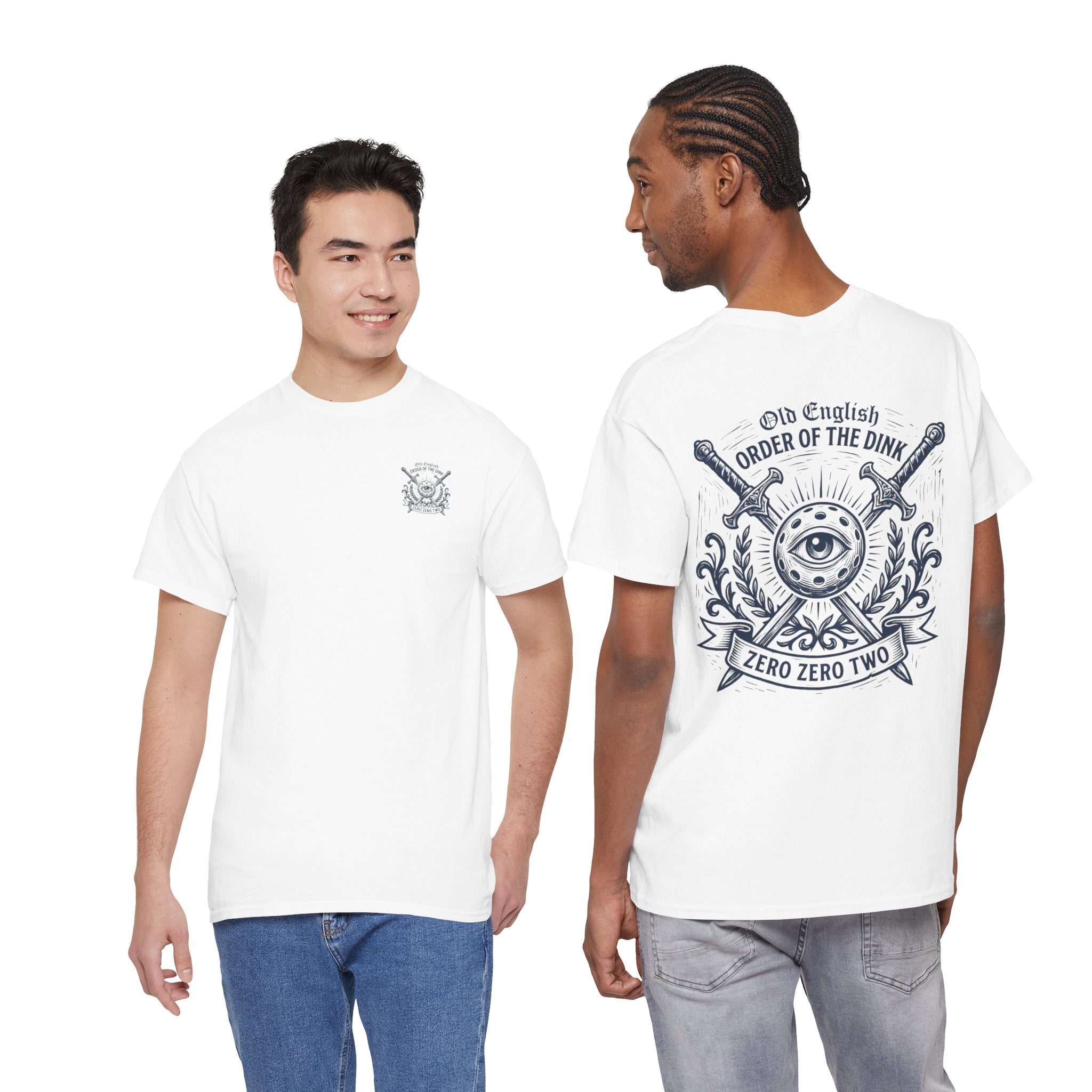 Two men wearing white t-shirts with different designs on a white background