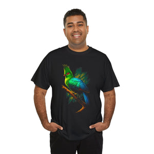 Man wearing a black t-shirt with a colorful parrot design on a white background