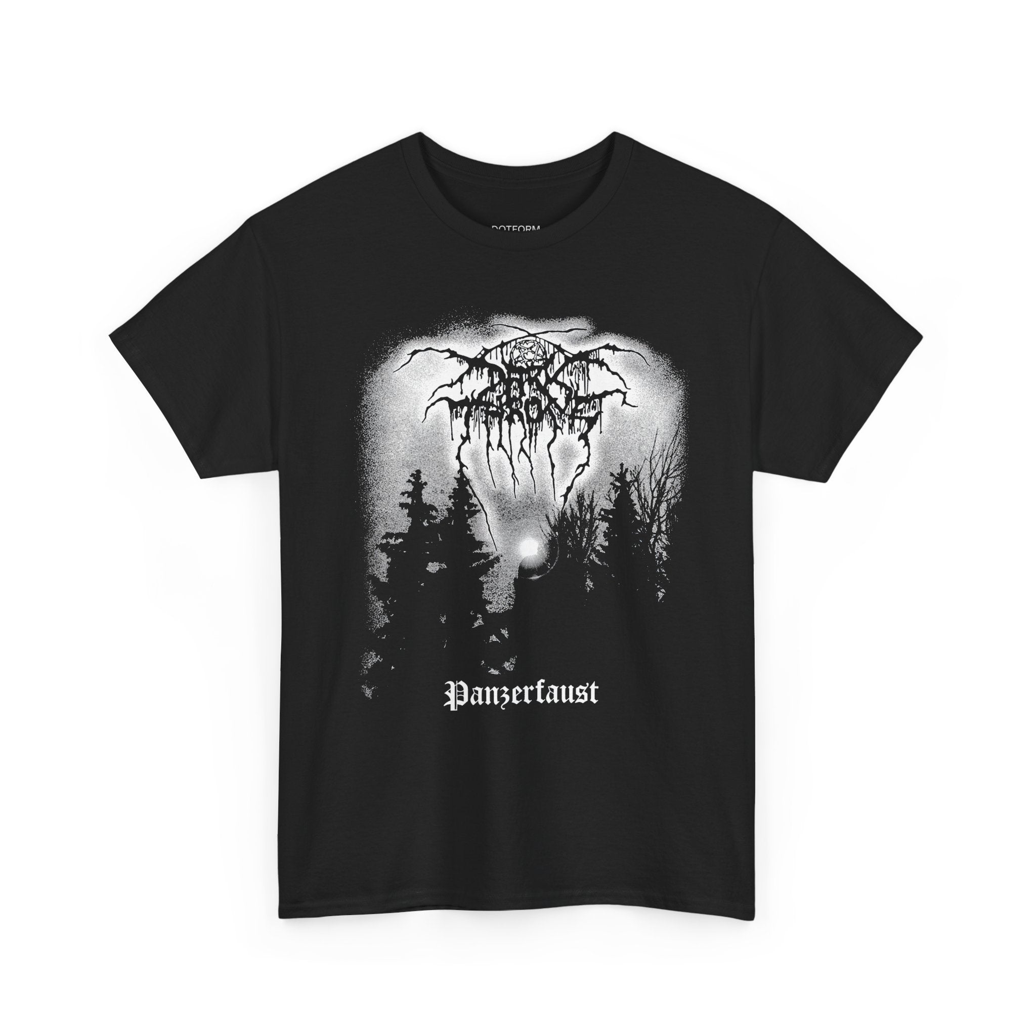 Black t-shirt with graphic design and text on a white background