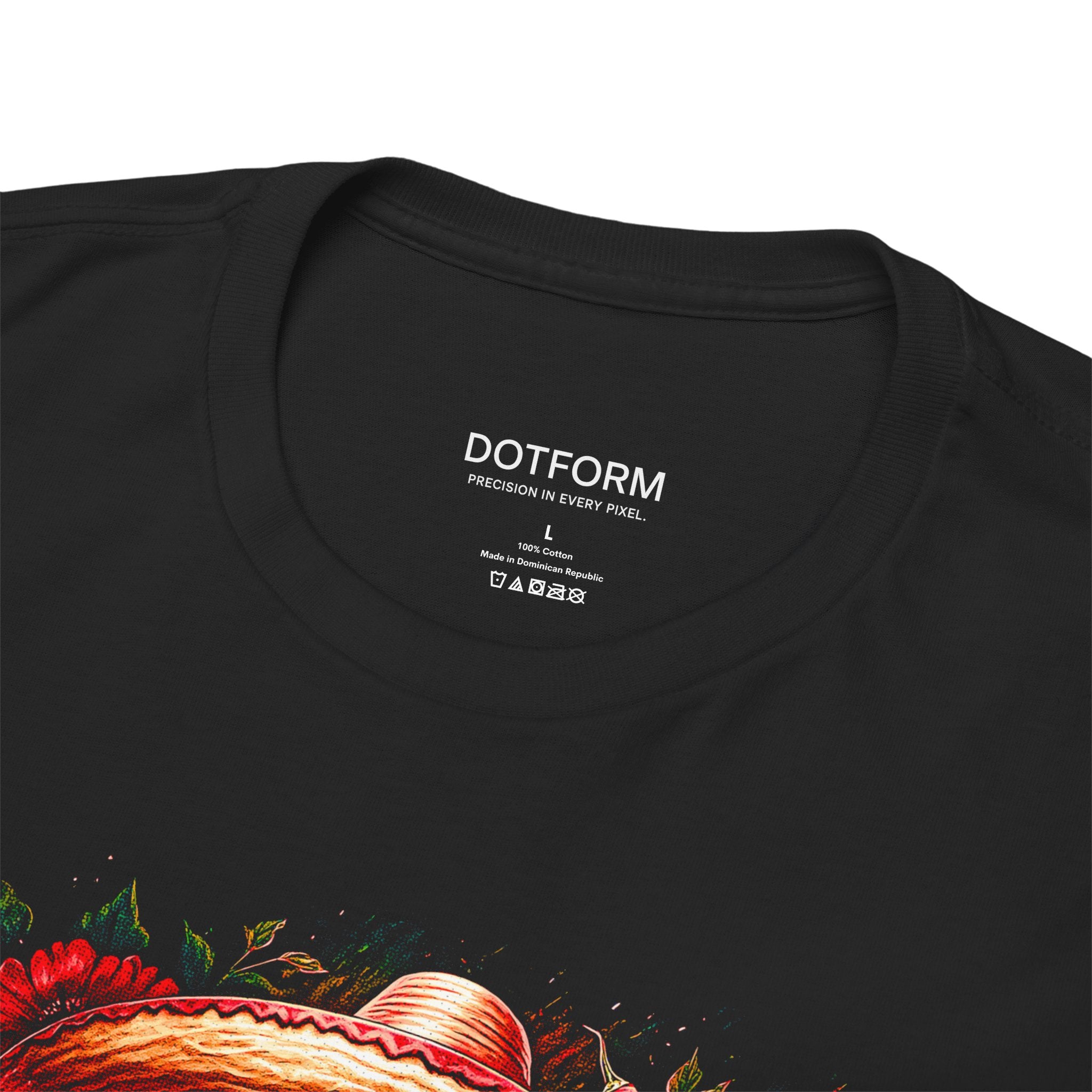 Black t-shirt with 'DOTFORM' branding on the collar and colorful design below.