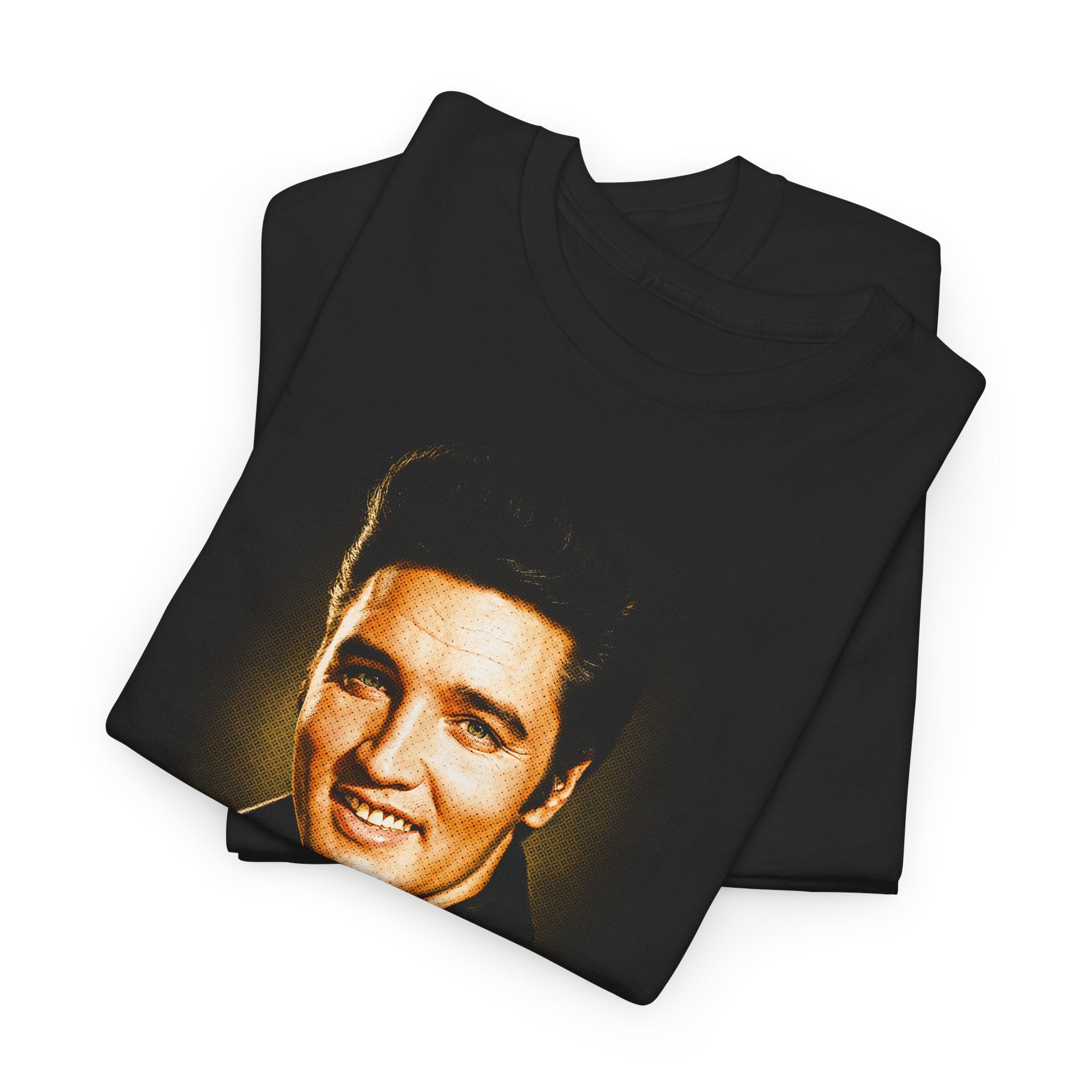 Black t-shirt with a graphic of a smiling man's face on a white background