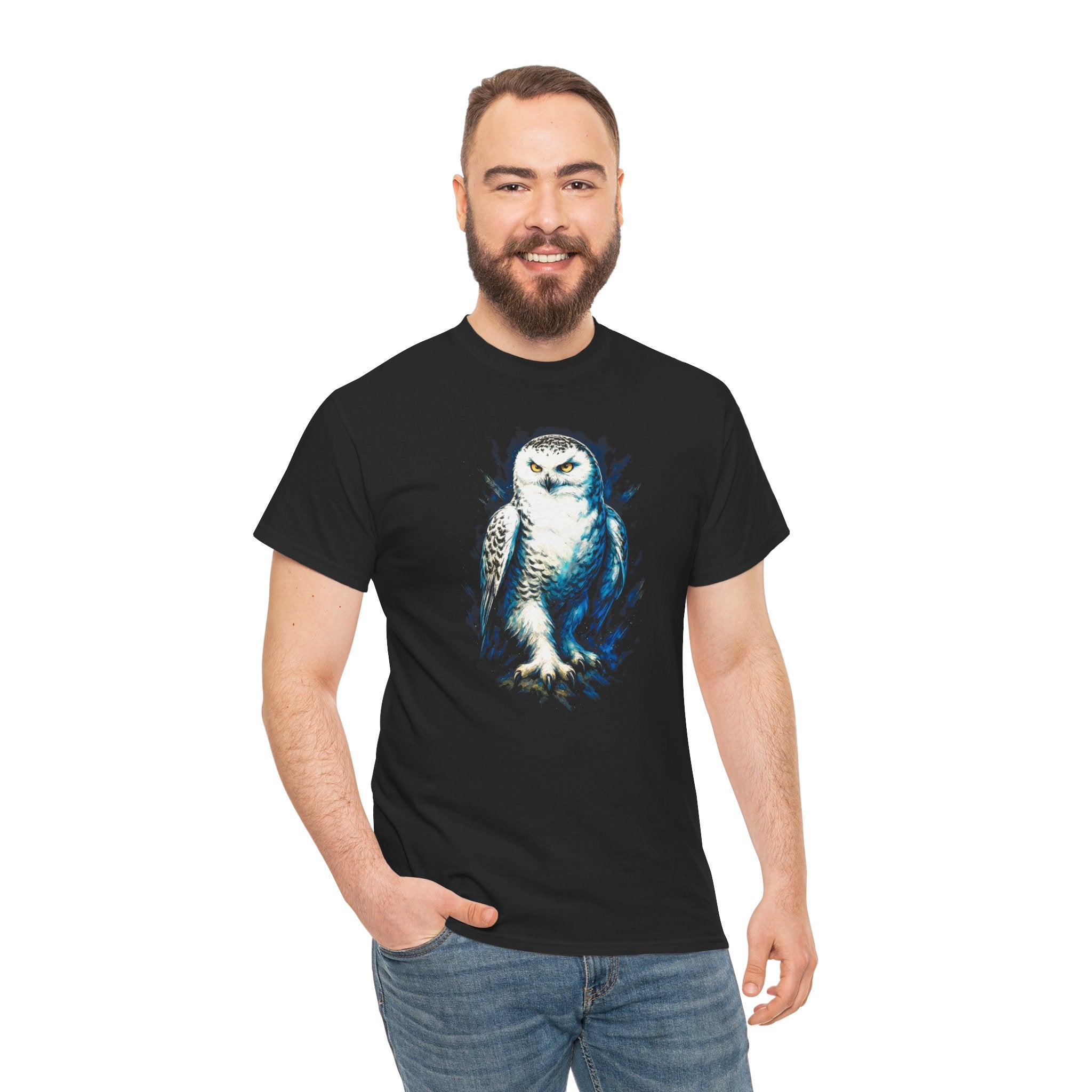 Man wearing a black t-shirt with an owl design on a white background