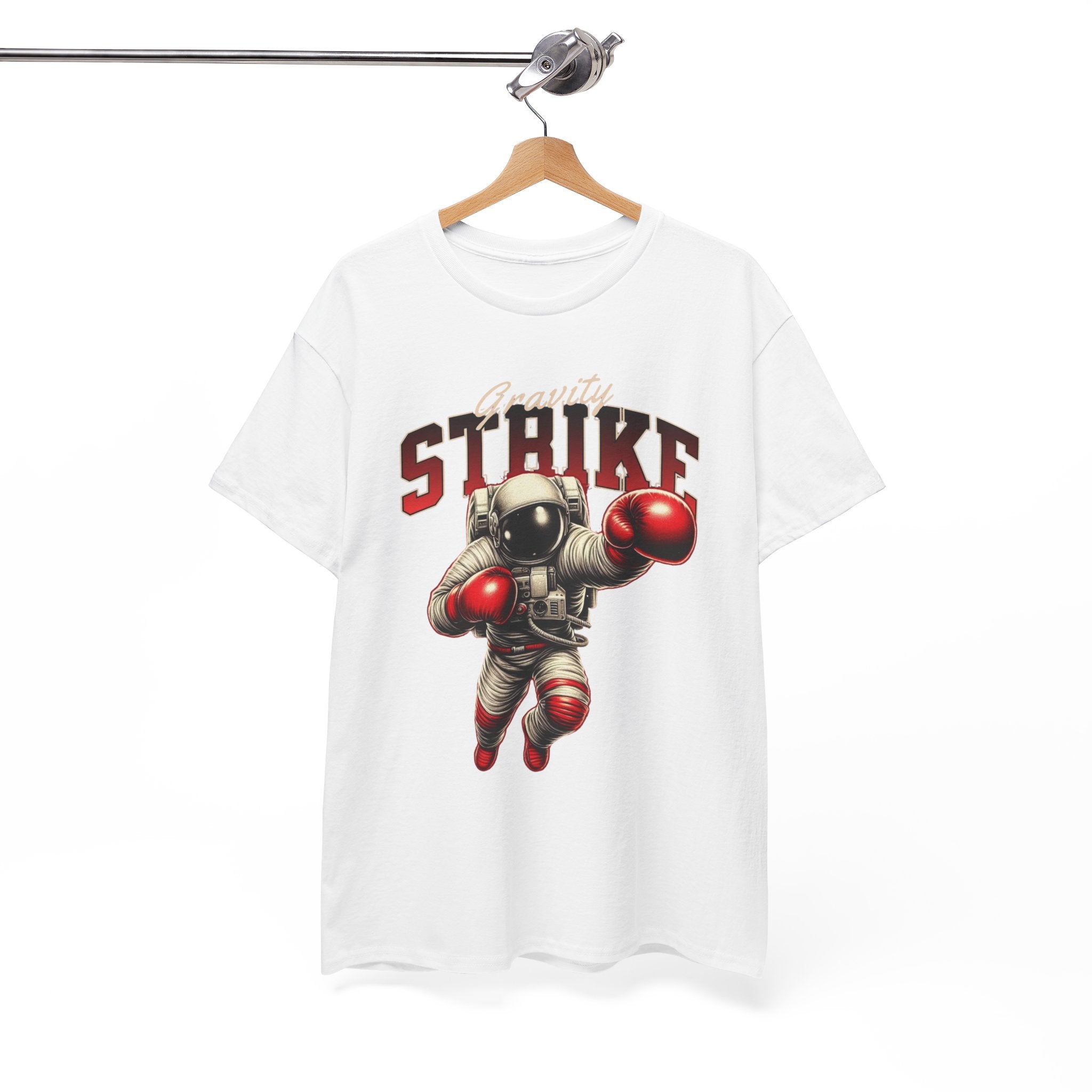 White t-shirt with an astronaut graphic and 'Strike' text on a hanger against a white background