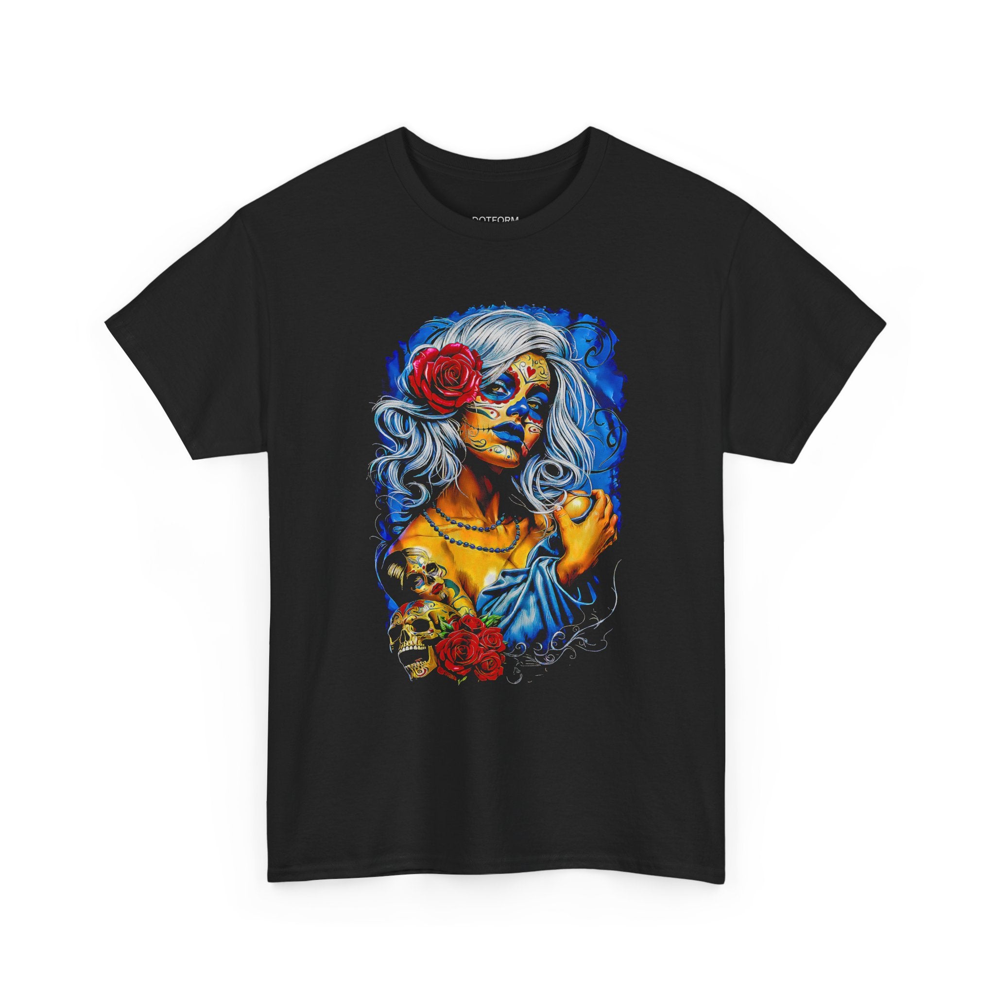 Black t-shirt with a colorful graphic design of a woman with skull makeup and roses on a white background.