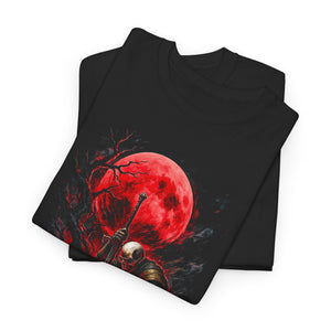 Black t-shirt with a red moon and skeleton design on a white background