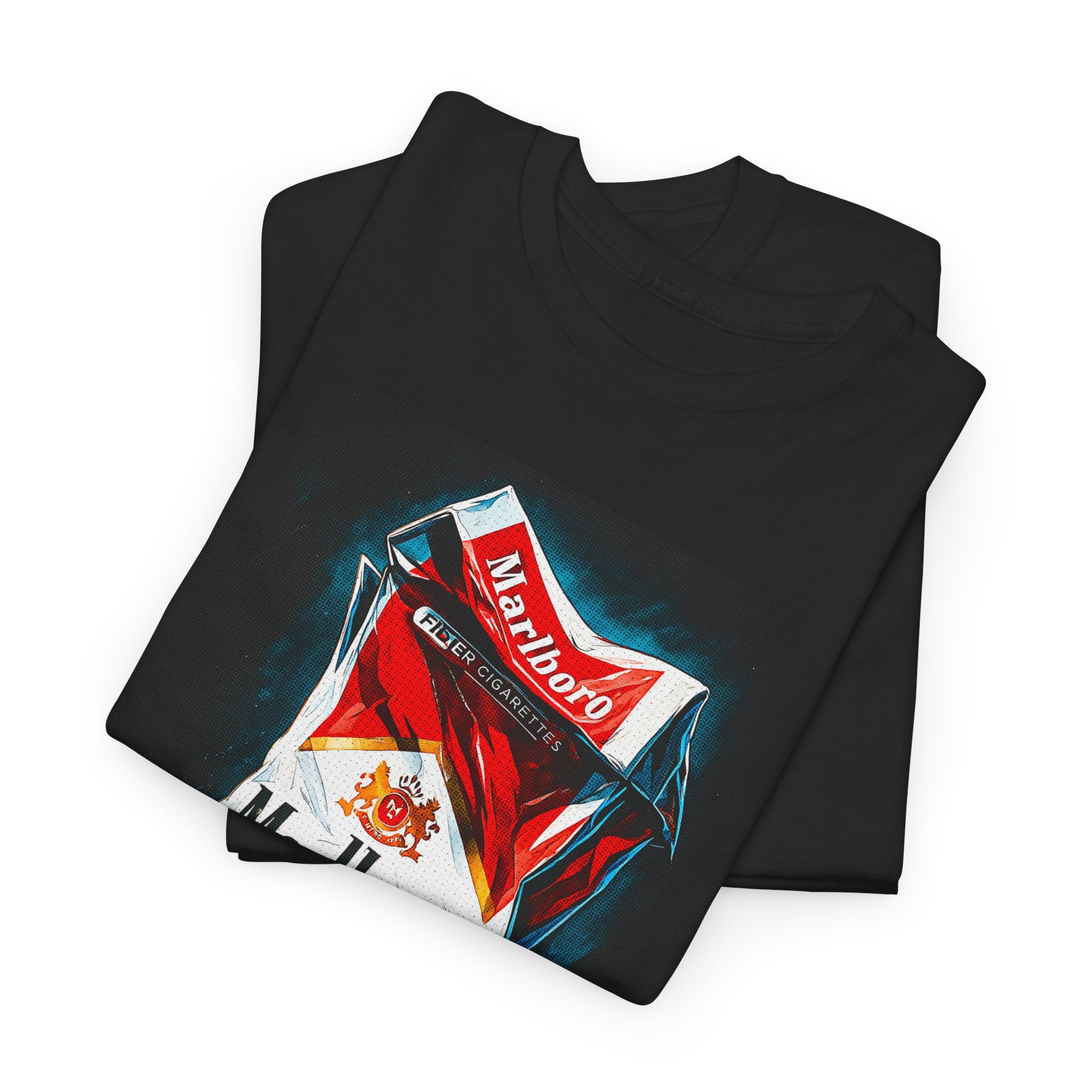 Black t-shirt with Marlboro logo and packaging design on a white background