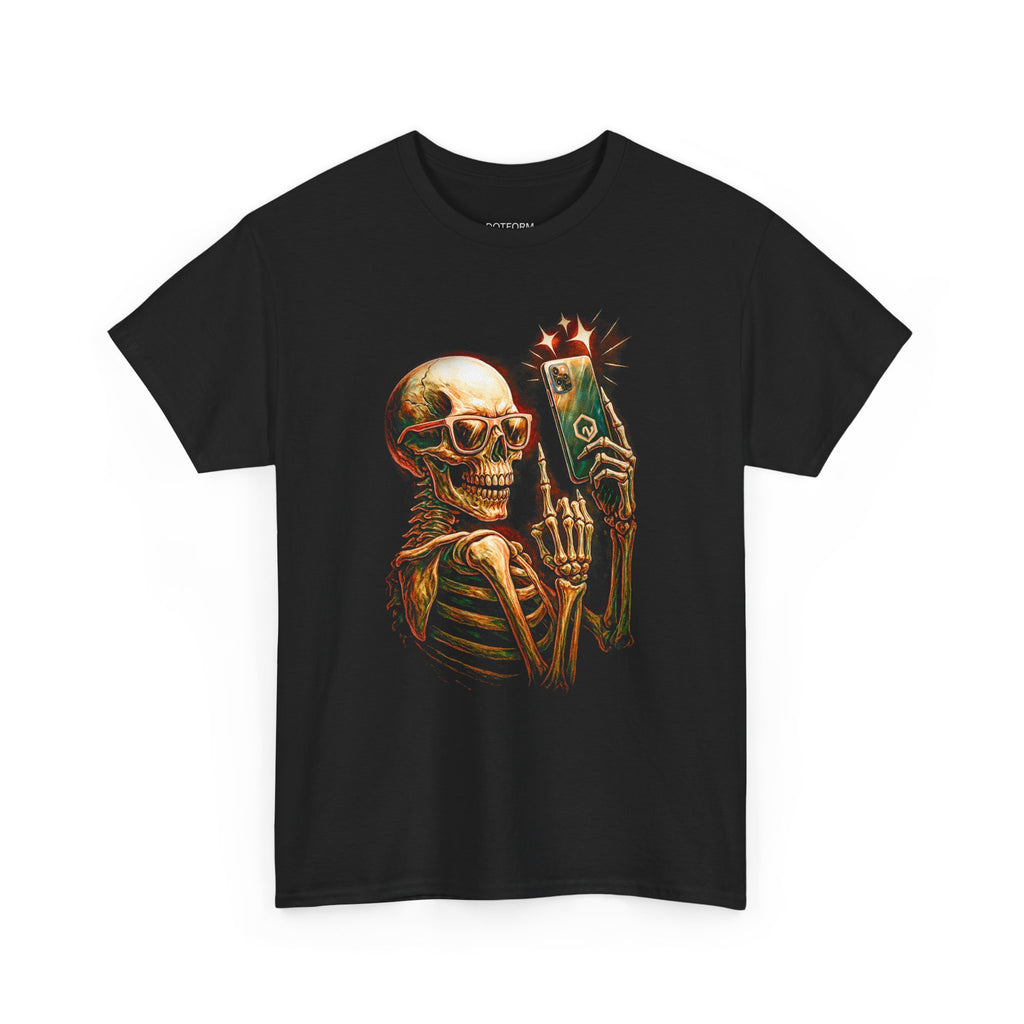 Black t-shirt with a skeleton holding a smartphone design on a white background