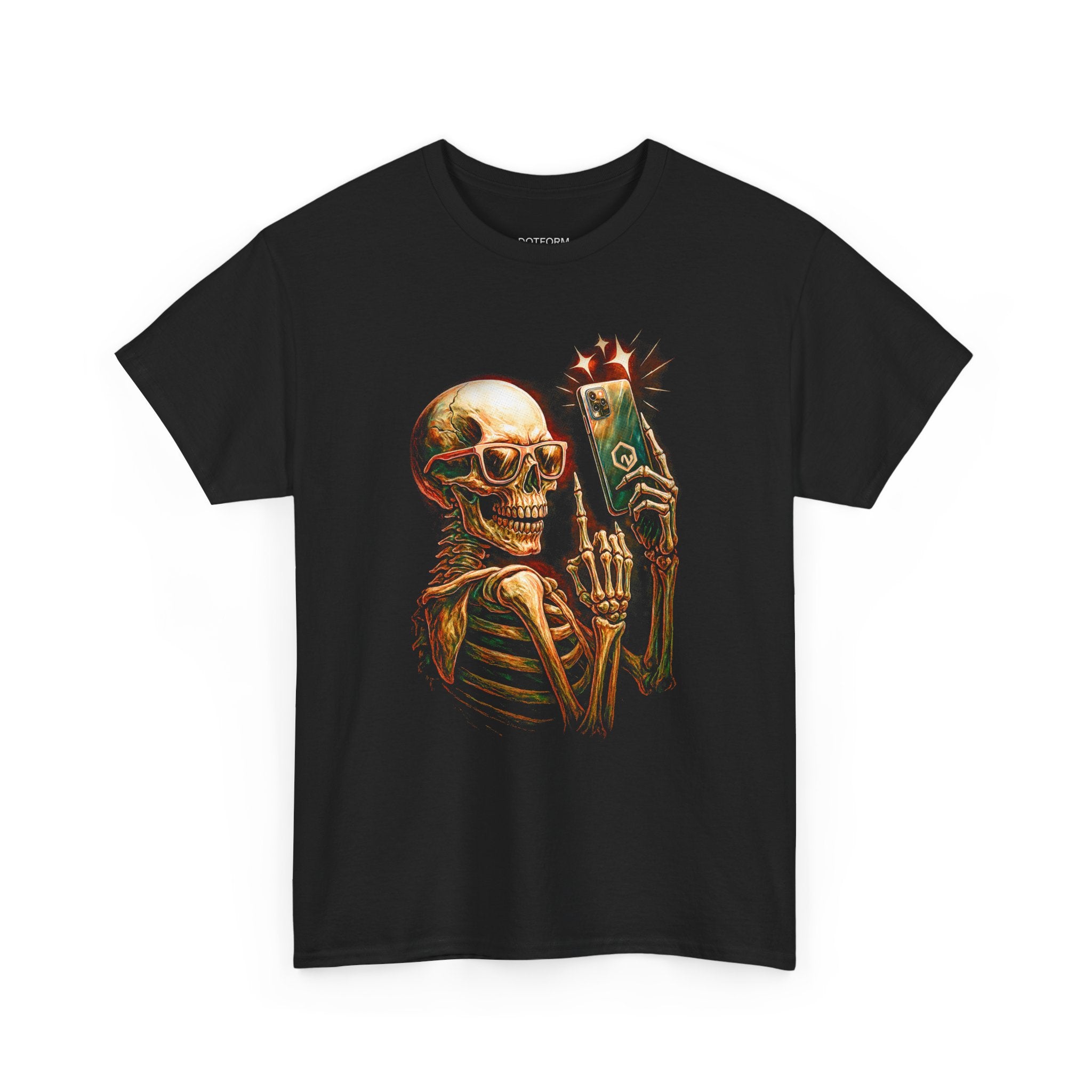 Black t-shirt with a skeleton holding a smartphone design on a white background