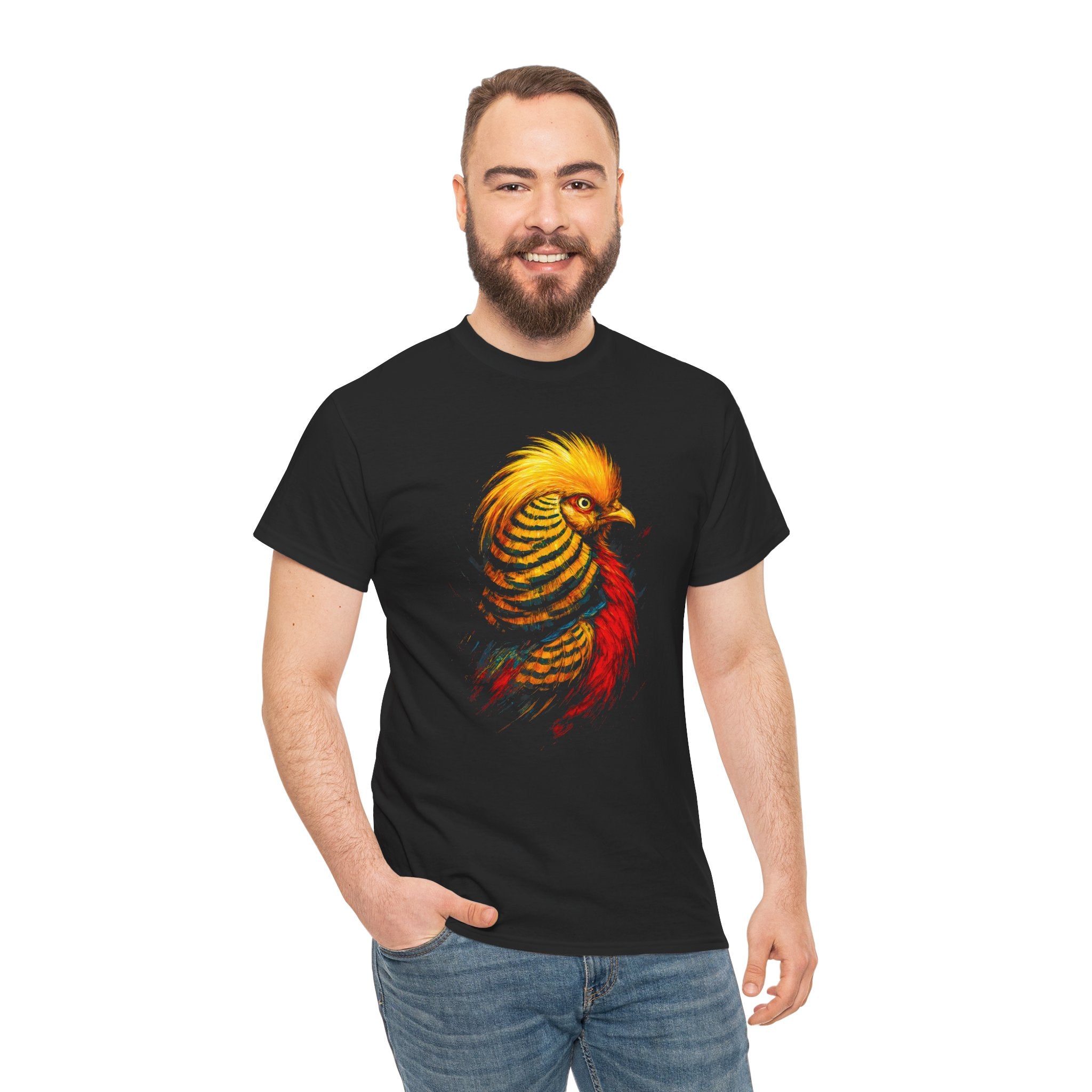 Man wearing a black t-shirt with a colorful rooster design on a white background
