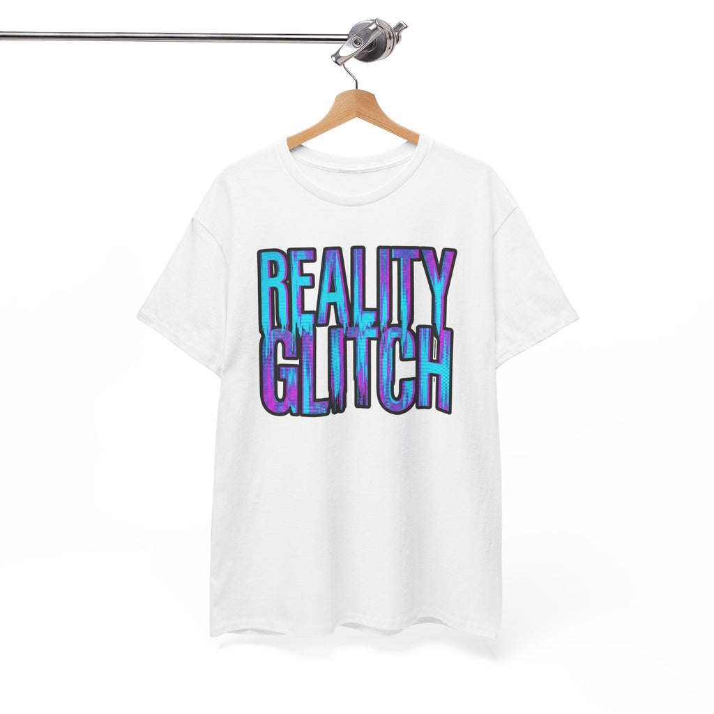 White t-shirt with 'Reality Glitch' text on a hanger against a white background