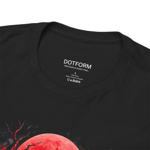 Black t-shirt with red and black design on a white background