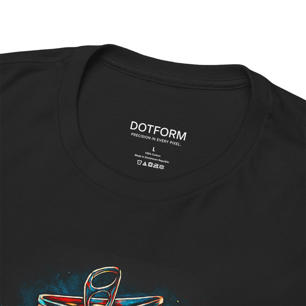 Black t-shirt with a graphic design and 'DOTFORM' branding on the label.