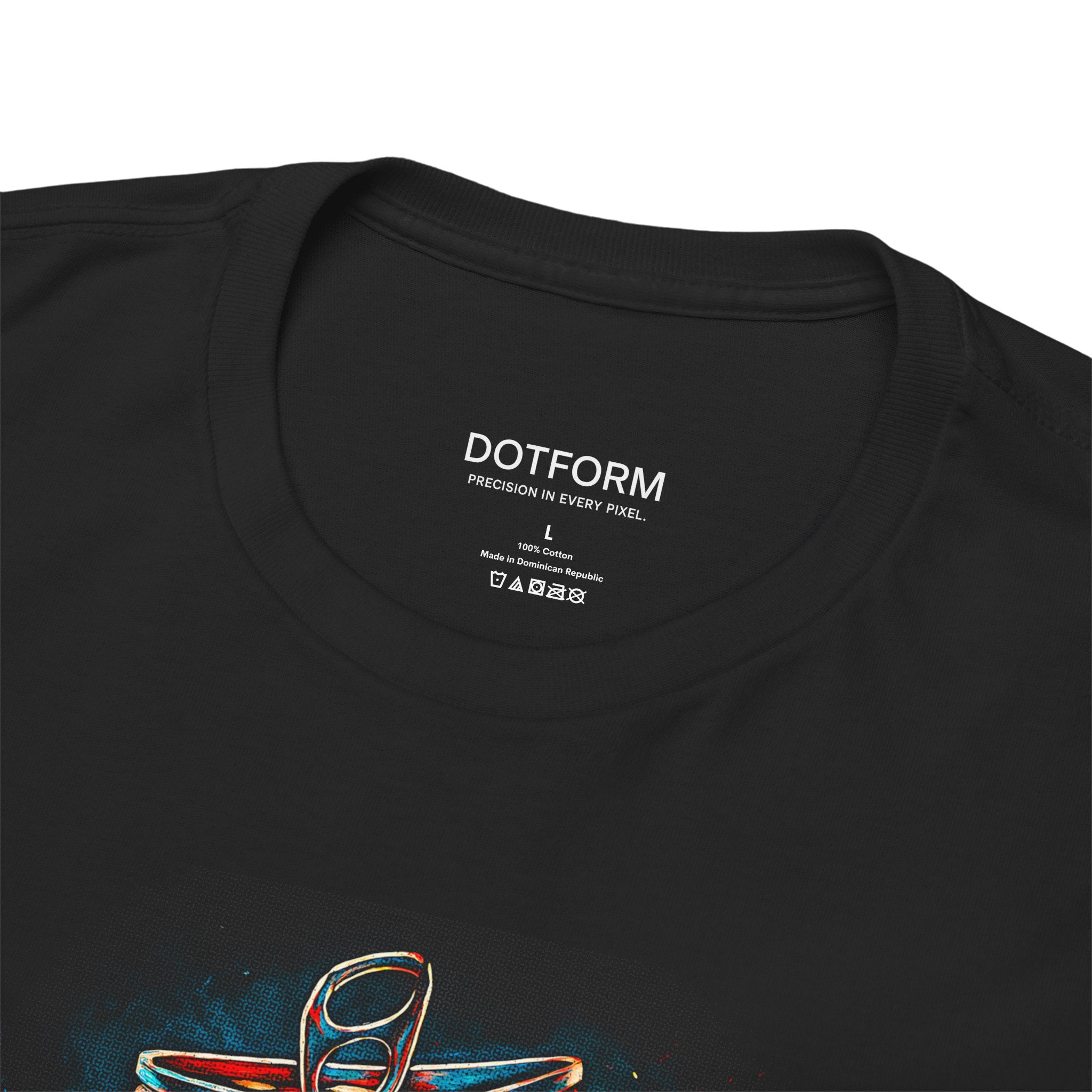 Black t-shirt with a graphic design and 'DOTFORM' branding on the label.